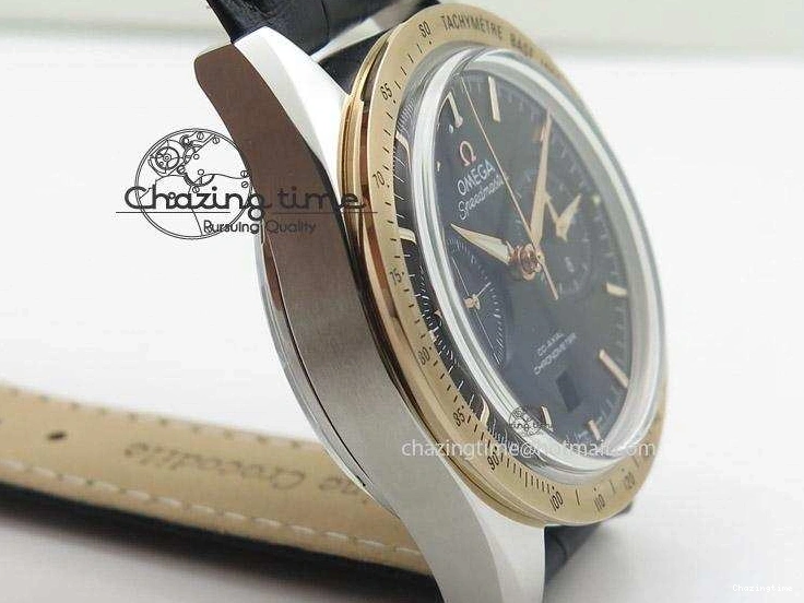 0509 Trendsetting Speedmaster ’57 SS Chrono AXF Best Edition RG Bezel Black Dial on Black Leather Strap A 8283